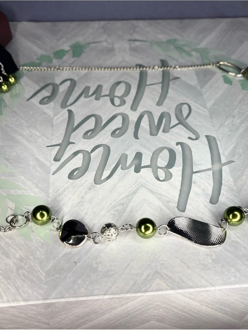 Paparazzi Green Pearl & Silver Link Statement Necklace & Earrings Set